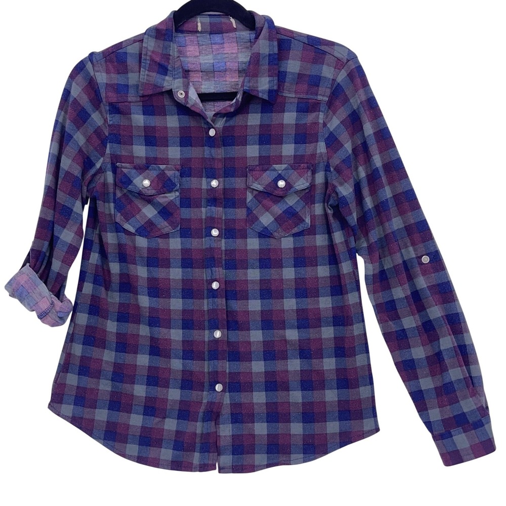 Purple Plaid Pearl Snap Front Flannel Shirt Small Roll Tab Sleeve Western